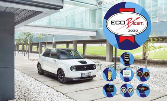 Parking white Honda e with the title of Eco Best 2020.