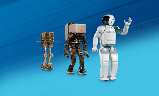 Three different development iterations of the Honda Asimo robot.