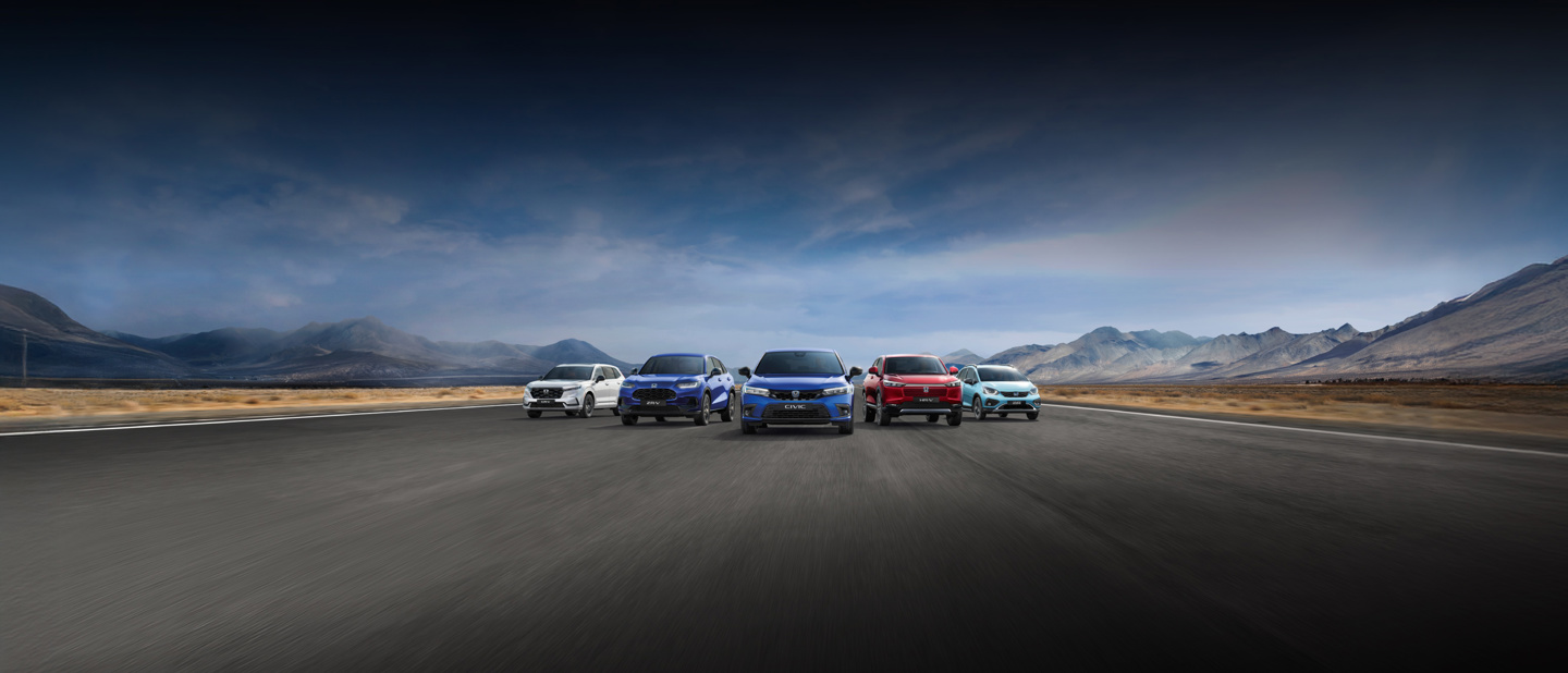 Honda model line up featuring CR-V Plug in Hybrid, ZR-V, Civic, HR-V and Jazz Crosstar. 
