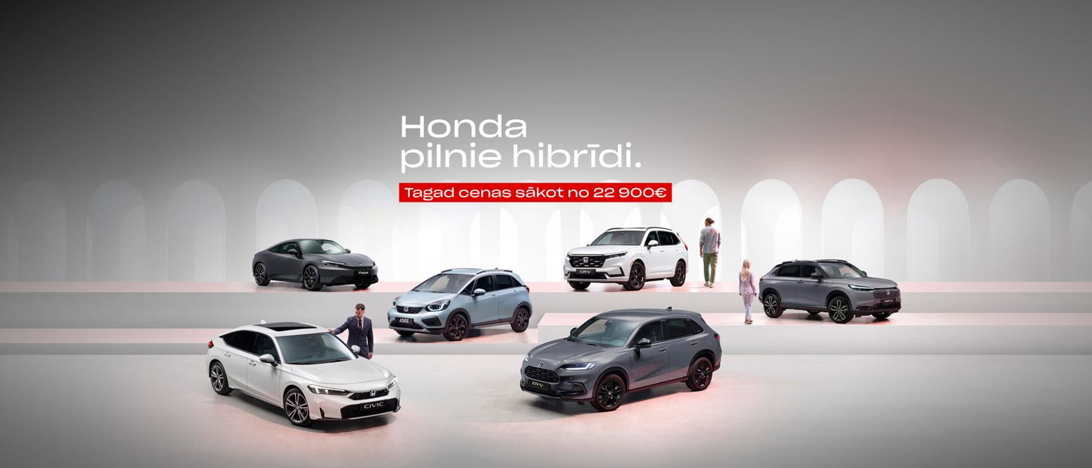 Six Honda hybrid cars are displayed in a modern showroom with people nearby. Text in Latvian advertises starting prices from €22,900.