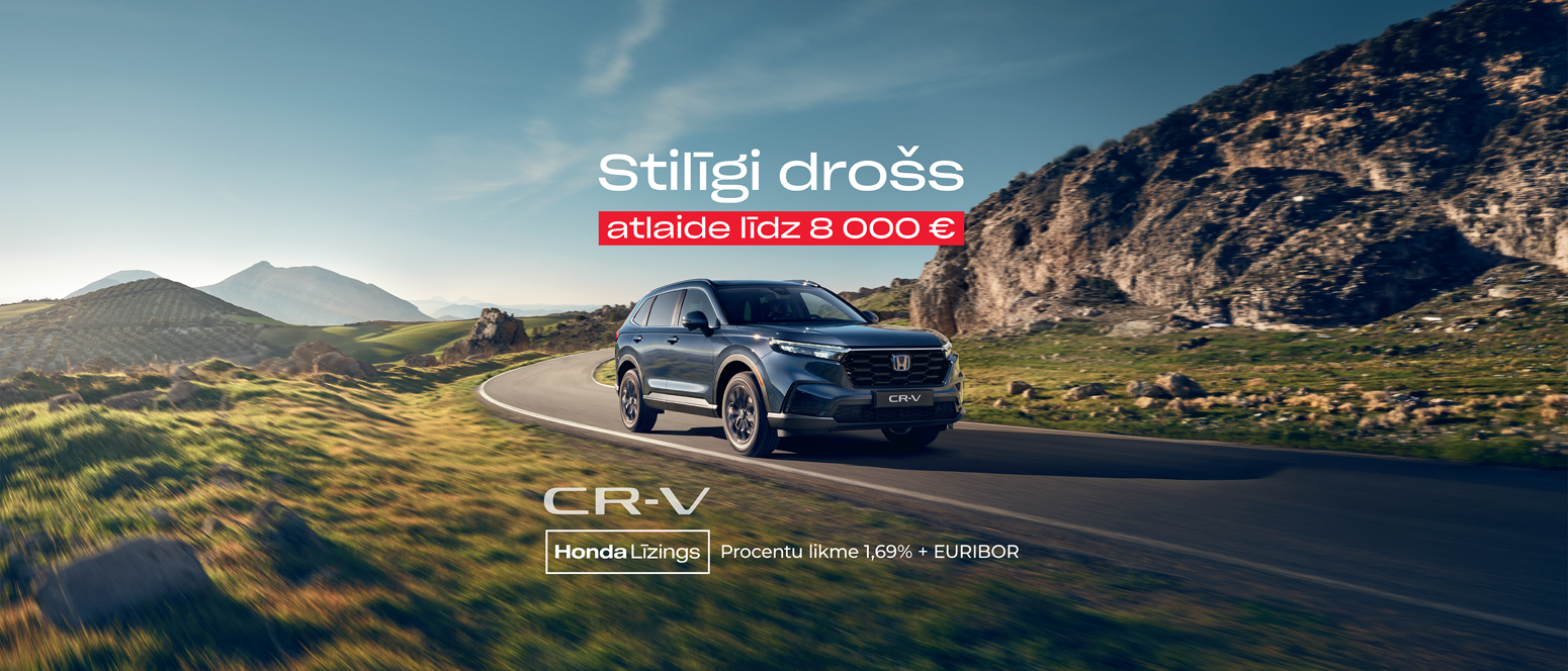 A blue Honda CR-V drives on a winding mountain road with text in Latvian promoting up to €8,000 discount.
